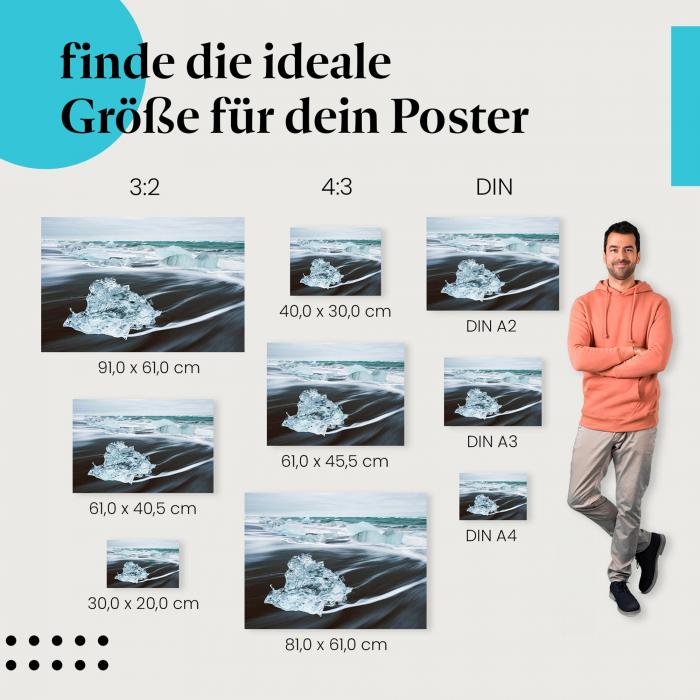 Eisberge, Poster: Island, schwarzer Strand, Meer, mystisch.