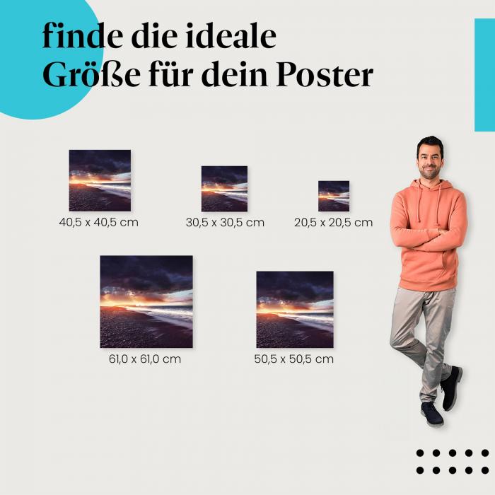 Island, Poster: Sonnenuntergang, schwarzer Strand, Wellen, Wolken.