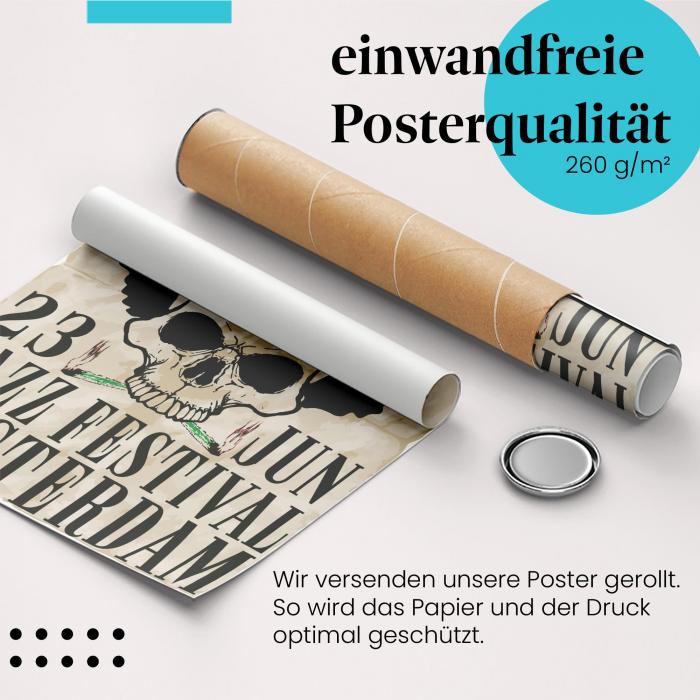 Gerolltes Poster "Jazz Festival Amsterdam". Festival-Design, sicher verpackt.