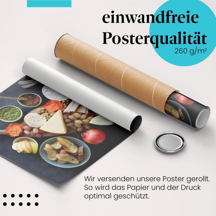 Gerolltes Poster "Käseplatte". Kulinarisches Vergnügen, sicher verpackt.