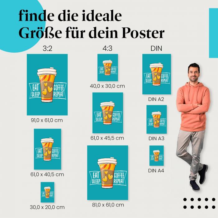 Finde die ideale Postergröße: "Eat Sleep Coffee Repeat", Coffee-to-go Becher.