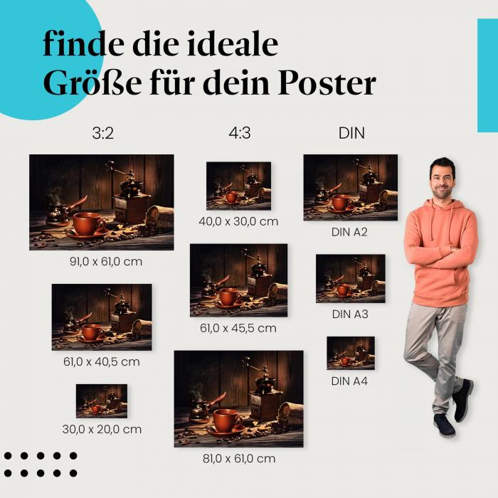 Kaffee, Poster: Tasse, Bohnen, Zimt, Mühle, Genuss.