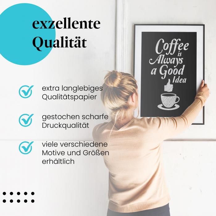 Gerahmtes Bild "Kaffeezeit". Kreidetafel, Kaffeetasse, Spruch.