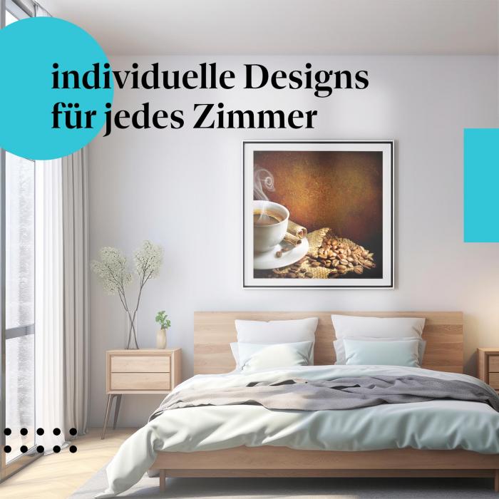 Schlafzimmer Deko: "Kaffee am Morgen" Poster im modernen Schlafzimmer. Wanddeko für Morgenmuffel.