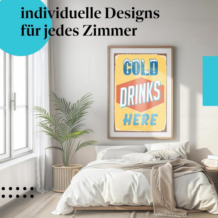 Schlafzimmer Deko: "Retro Schild" Poster im minimalistischen Schlafzimmer. Wanddeko im Vintage-Stil.