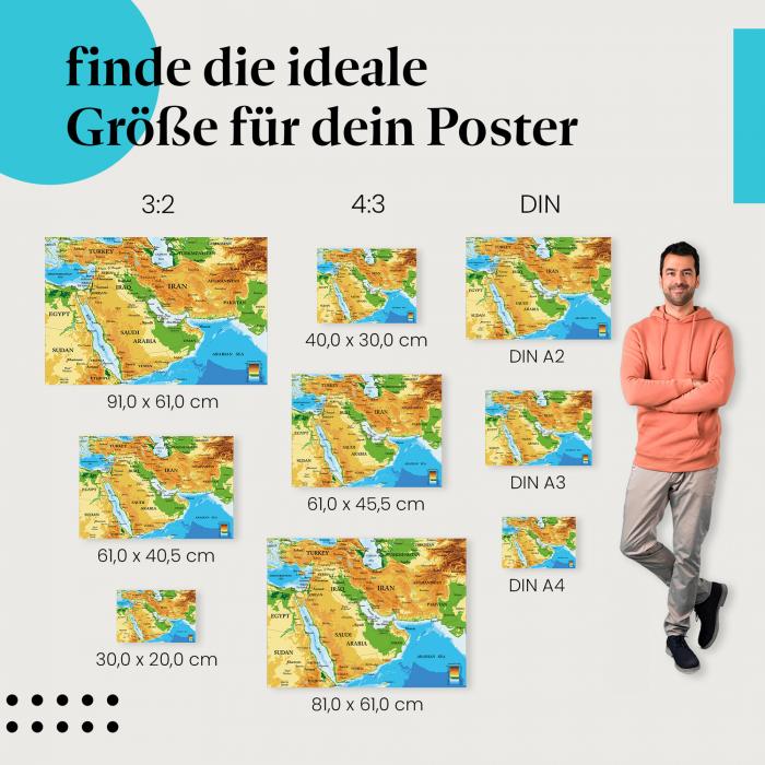 Karte, Poster: Naher Osten, Länder, Städte.