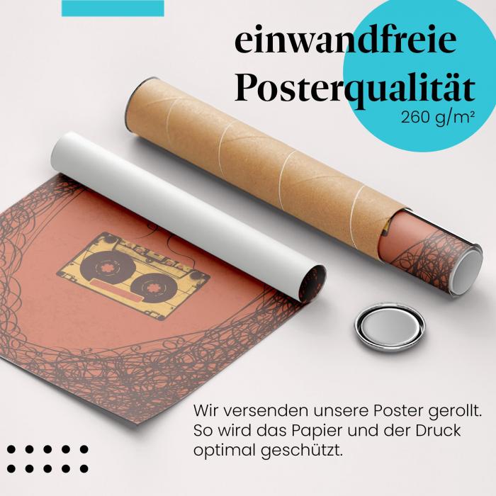 Gerolltes Poster "Kassettenherz". Design für Musikliebhaber, sicher verpackt.