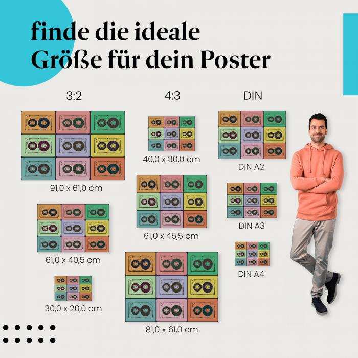 Wähle die ideale Postergröße: Collage mit Retro-Kassetten im Pop-Art Stil.