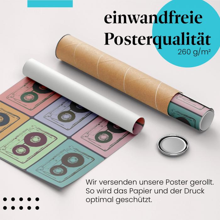 Gerolltes Poster "Kassetten Pop Art" - Musik & Retro-Style, sicher verpackt.