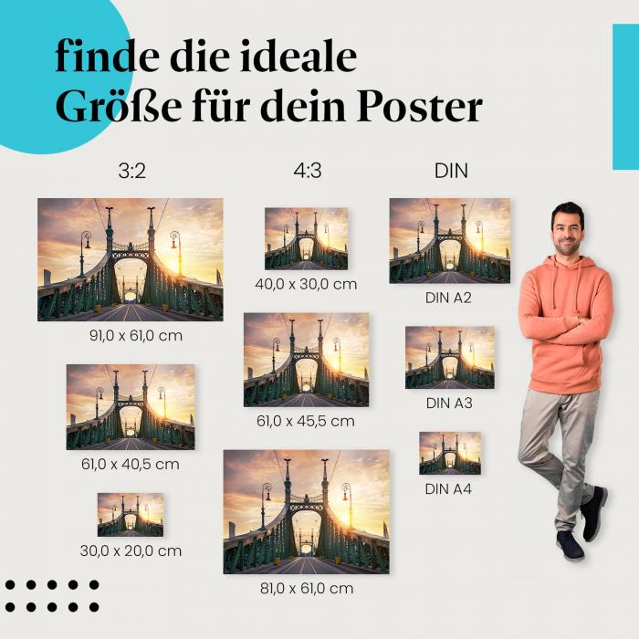 Finde die ideale Postergröße: Kettenbrücke in Budapest, Sonnenaufgang, magisches Licht.