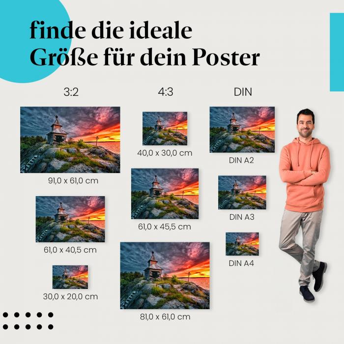 Sonnenuntergang, Poster: Meer, Holzkirche, Klippe, mystisch.