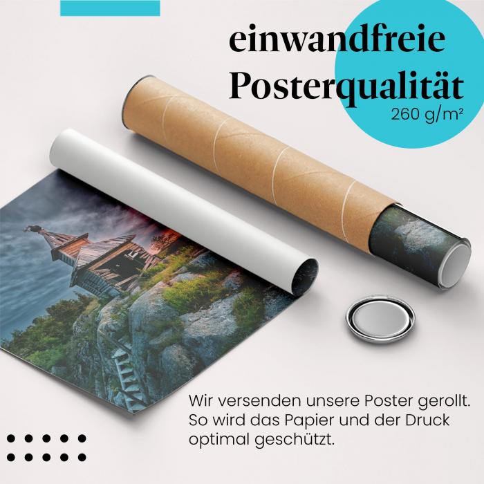 Gerolltes Poster "Kirchruine am Meer". Vergänglichkeit & Meer, sicher verpackt.