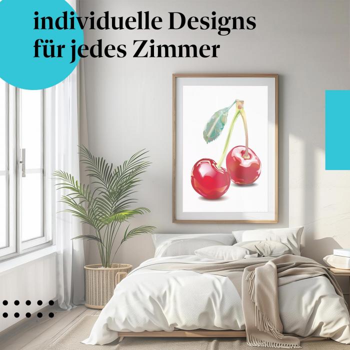 Schlafzimmer Deko: Minimalistisches Schlafzimmer mit "Kirschen" Poster. Wanddeko im Food-Stil.