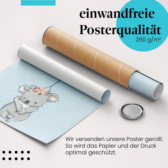 Gerolltes Poster "Koala & Ballon". Liebe & Tiere, sicher verpackt.