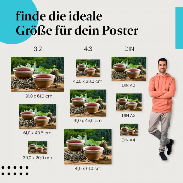 Finde die ideale Postergröße: Kräutertee, frische Kräuter, Entspannung pur.