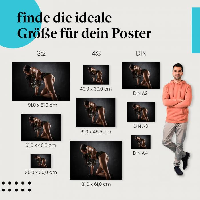 Fitness, Poster: Frau, Hanteltraining, Muskeln, Rücken.