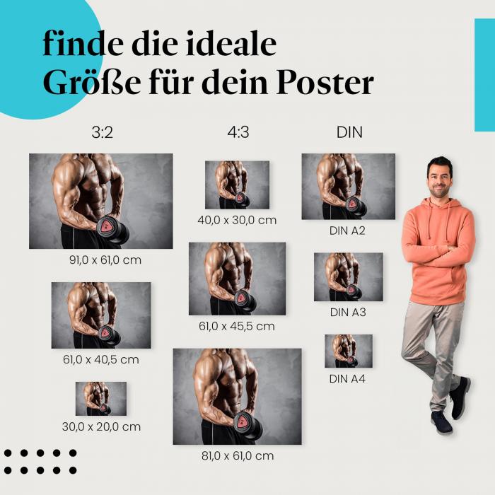 Fitness, Poster: Mann trainiert Bizeps, Kraft, gesunder Lebensstil.