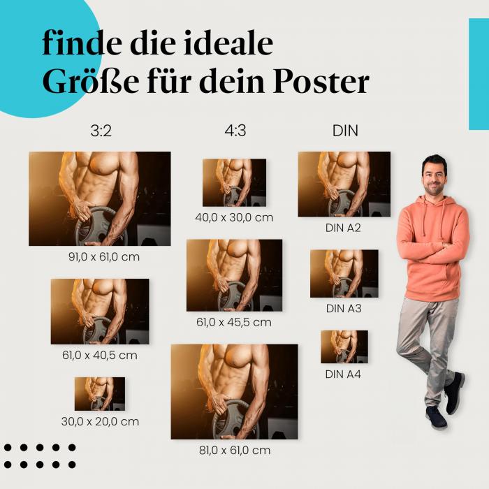 Finde die ideale Postergröße: Mann, Hantelscheibe, Muskeln, Kraft.