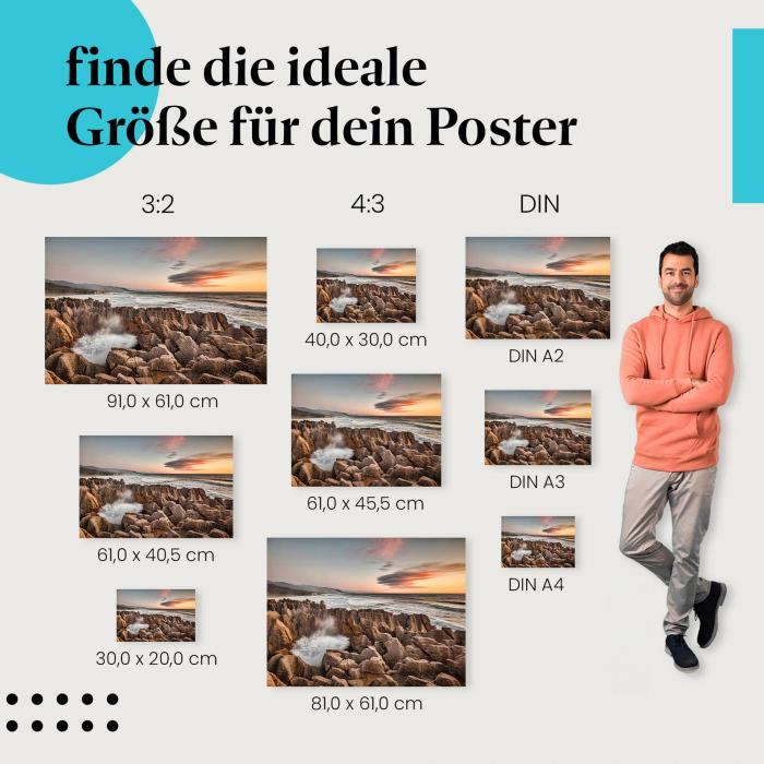 Küste, Poster: Felsen, Wellen, Sonnenaufgang, Gischt.