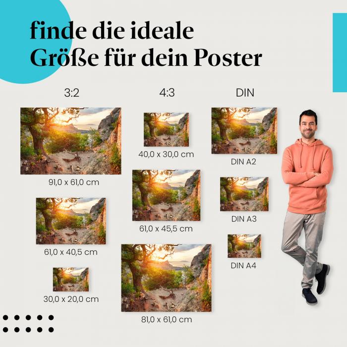 Finde die ideale Postergröße: Pfad, felsige Küste, Meer, Sonnenuntergang.