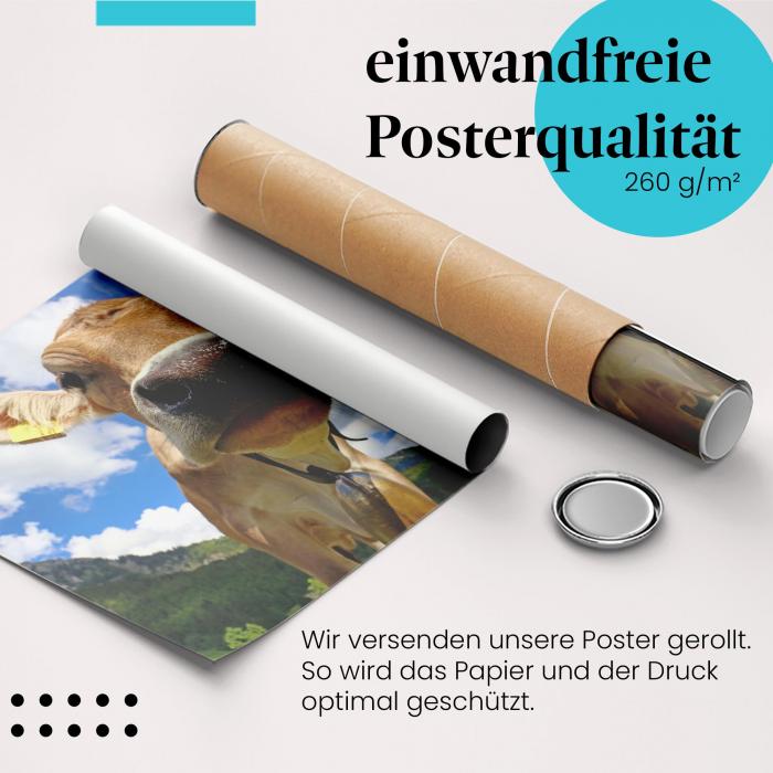 Gerolltes Poster "Kuh auf der Alm". Ländliche Idylle, sicher verpackt.