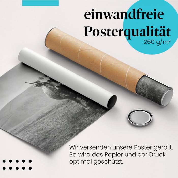 Gerolltes Poster "Kuh & Berge". Bergwiese & Tier, sicher verpackt.