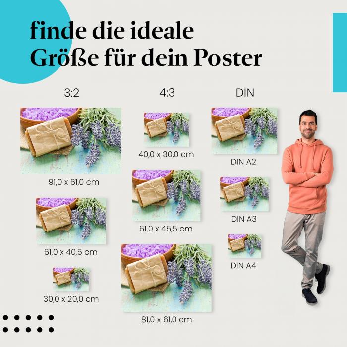 Seife, Poster: Handgemacht, Lavendelblüten, entspannendes Baderitual.