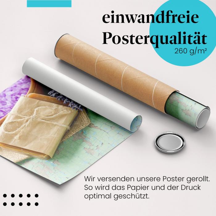 Gerolltes Poster "Lavendelseife". Wellness & Pflege, sicher verpackt.