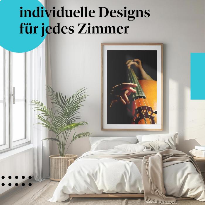 Schlafzimmer Deko: "Leidenschaftlicher Cellist" Poster im modernen Schlafzimmer. Wanddeko für Musikliebhaber.