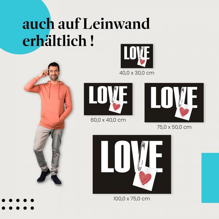 "LOVE": Leinwandbild. Sicherheitsnadel, Herz.