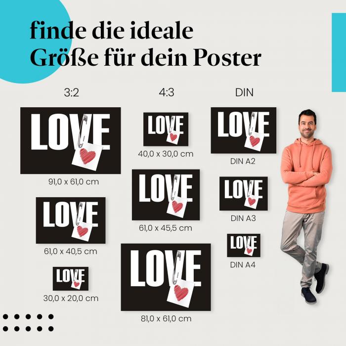 "LOVE", Poster: Weiß, Schwarz, Sicherheitsnadel, Herz.