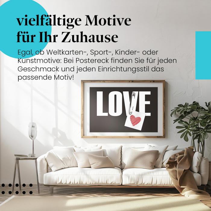 Leinwandbild "Love": Schwarz-Weiß, Sicherheitsnadel, Herz - romantisch & symbolisch.