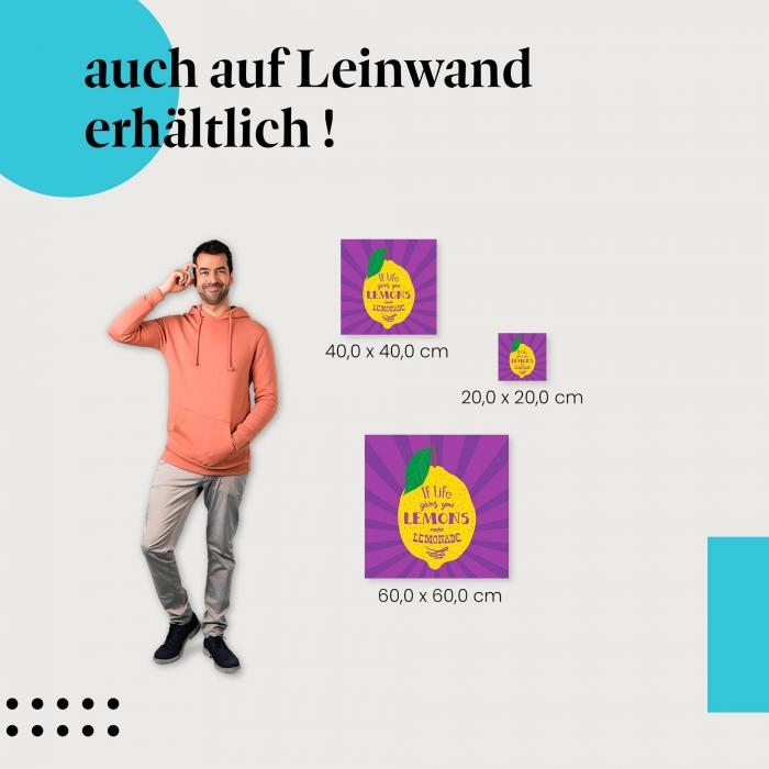 Gelbe Zitrone auf lila Hintergrund als Leinwandbild: "Wenn das Leben dir Zitronen gibt, mach Limonade daraus."