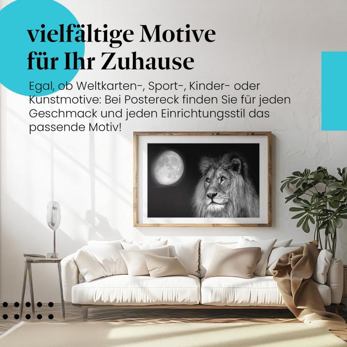 Löwe unterm Vollmond: Schwarzweiß-Poster, voller Mystik & Ruhe, fürs Wohnzimmer.