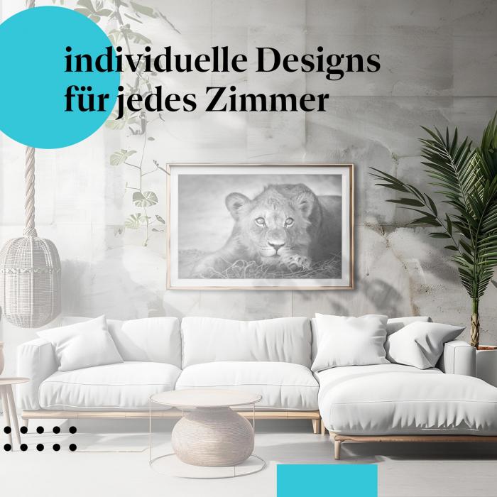 Schlafzimmer Deko: Minimalistisches Schlafzimmer mit "Löwenjunges" Poster. Wanddeko für Tierliebhaber.