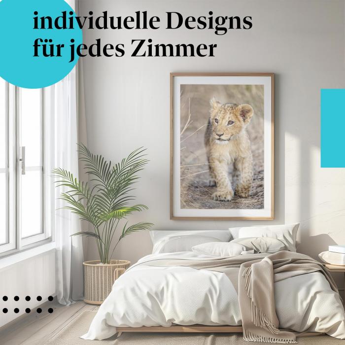 Schlafzimmer Deko: Modernes Schlafzimmer mit "Löwenjunges" Poster. Wanddeko für Afrika-Fans.