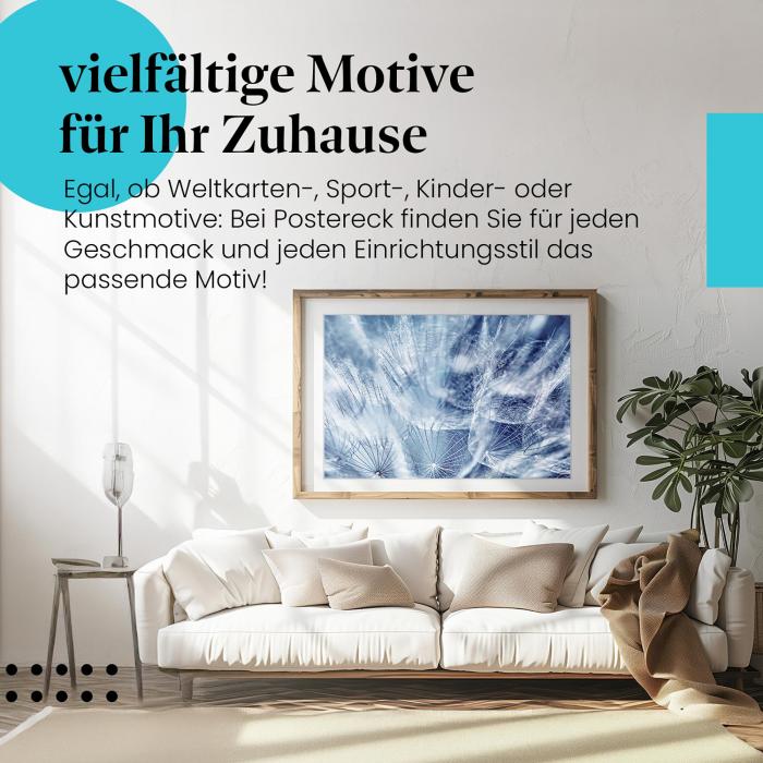 Dieses Leinwandbild mit den Löwenzahnsamen in Blau ist ein stilvoller Blickfang für moderne Wohnräume.