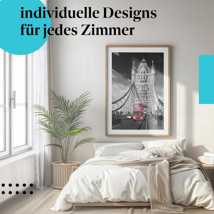 Schlafzimmer Deko: Minimalistisches Zimmer mit "London Bus" Poster. Wanddeko für Reiseliebhaber.