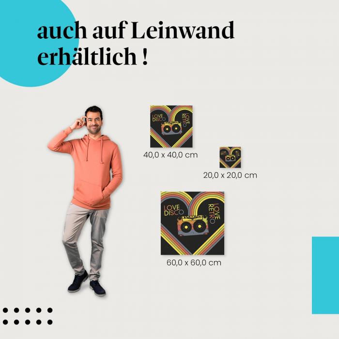 Retro-Design mit Kassetten-Motiv und "Love Disco" als Leinwandbild - für alle, die die 80er lieben. Wähle deine Wunschgröße.