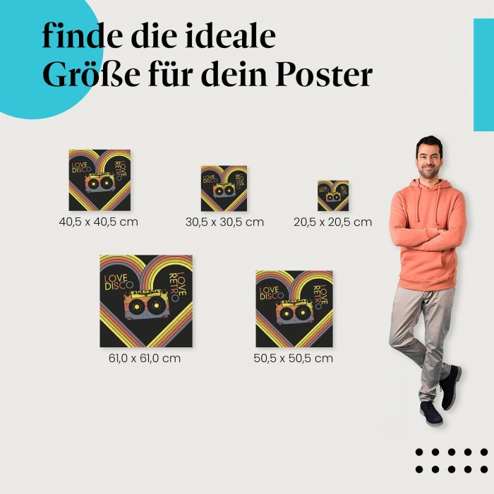 Wähle die ideale Postergröße: Retro-Design mit Kassetten-Motiv und "Love Disco" - für alle, die die 80er lieben.