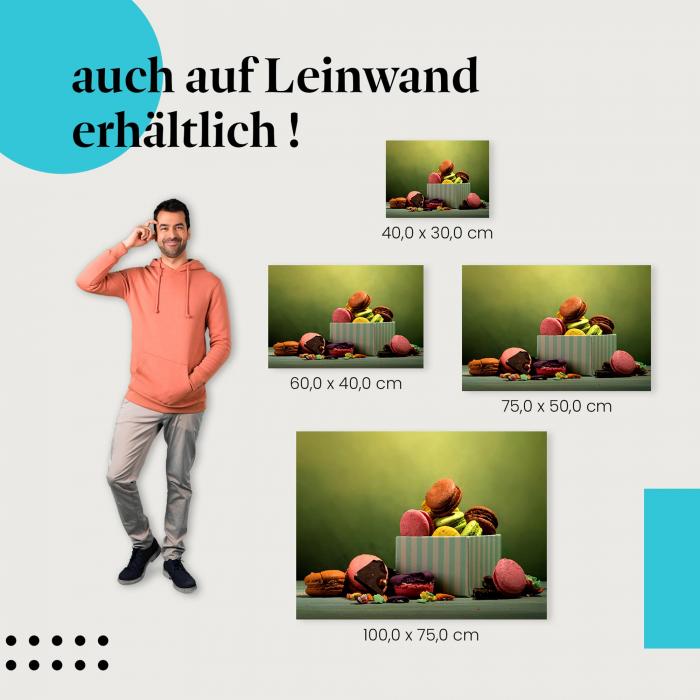 Bunte Macarons: Leinwandbild. Schachtel, Schokolade. Wähle deine Größe!