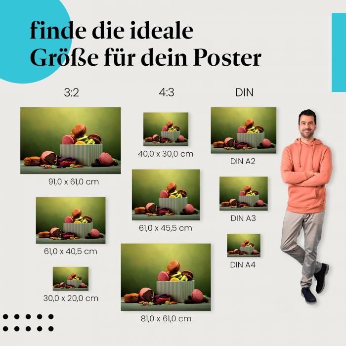 Entdecke die passende Postergröße: Bunte Macarons, Schokolade, Schachtel.