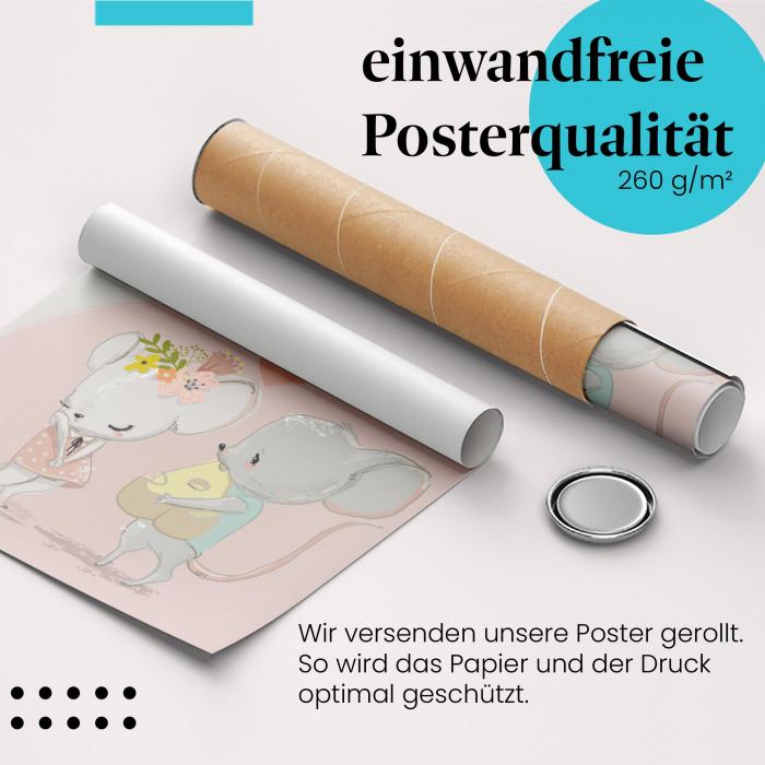 Gerolltes Poster "Mäuseliebe", romantische Geste in verspieltem Stil. Hochwertiger Druck, sicher verpackt.