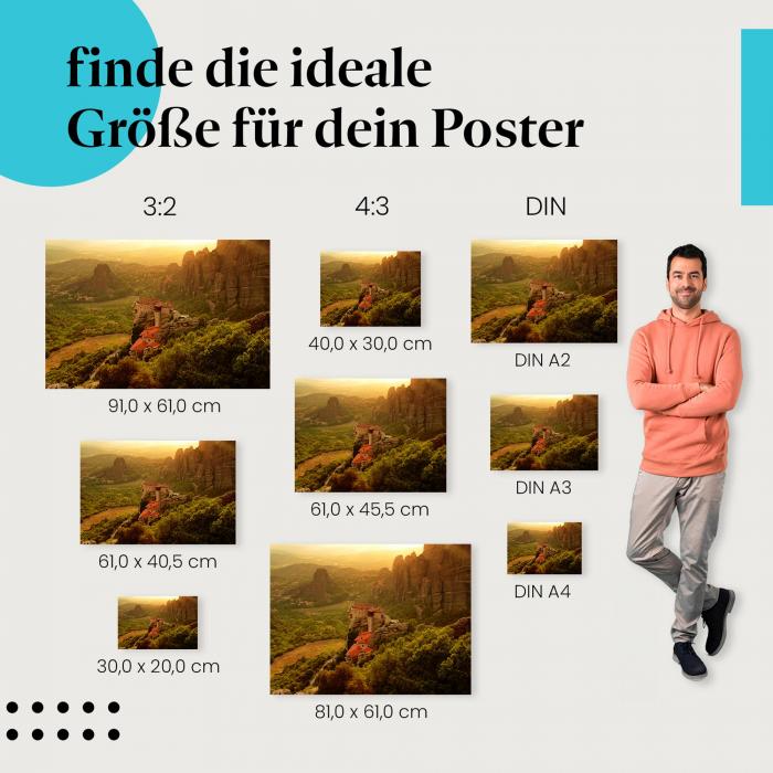 Entdecke die passende Postergröße: Kloster, Meteora, Sonnenuntergang, Felsen, Griechenland.