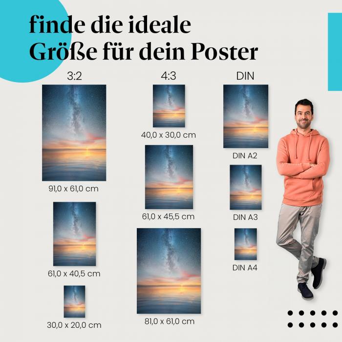 Finde die ideale Postergröße: Milchstraße, Nachthimmel, Meer, Sonnenuntergang, Sterne.