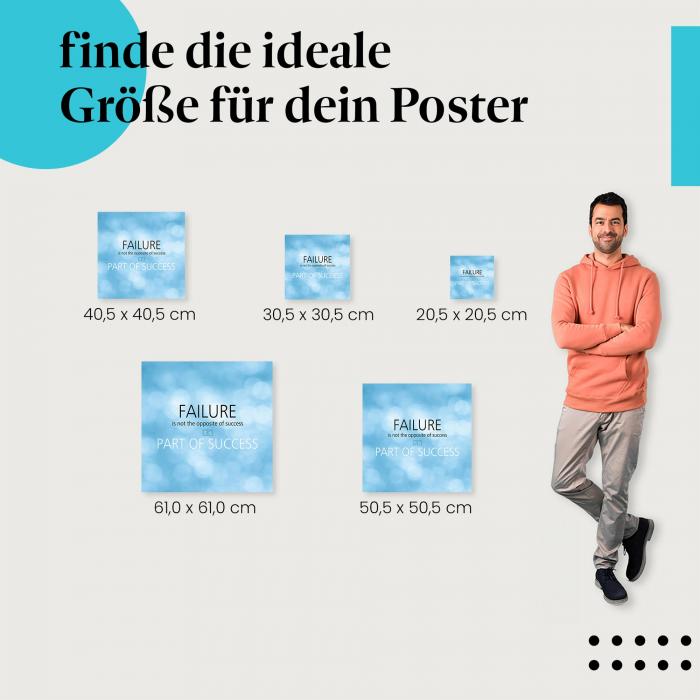 Wähle die ideale Postergröße: "Misserfolg ist nicht das Gegenteil von Erfolg..." - auf blauem Hintergrund.