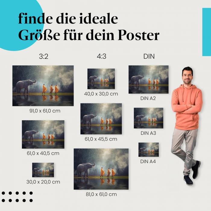 Wähle die ideale Postergröße: Buddhistische Mönche und Elefant am See - Ruhe und Spiritualität.