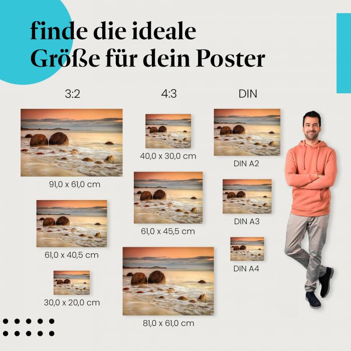 Entdecke die passende Postergröße: Moeraki Boulders, Sonnenaufgang, warme Farben.