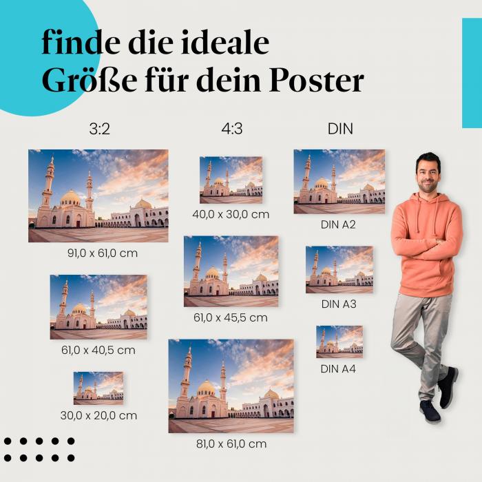 Moschee, Poster: Weiß, Kuppeln, Minarette, Sonnenuntergang.