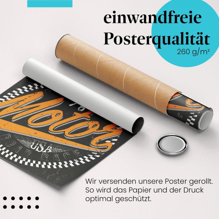 Gerolltes Poster "Ride or Die" im Racing-Stil, sicher verpackt.